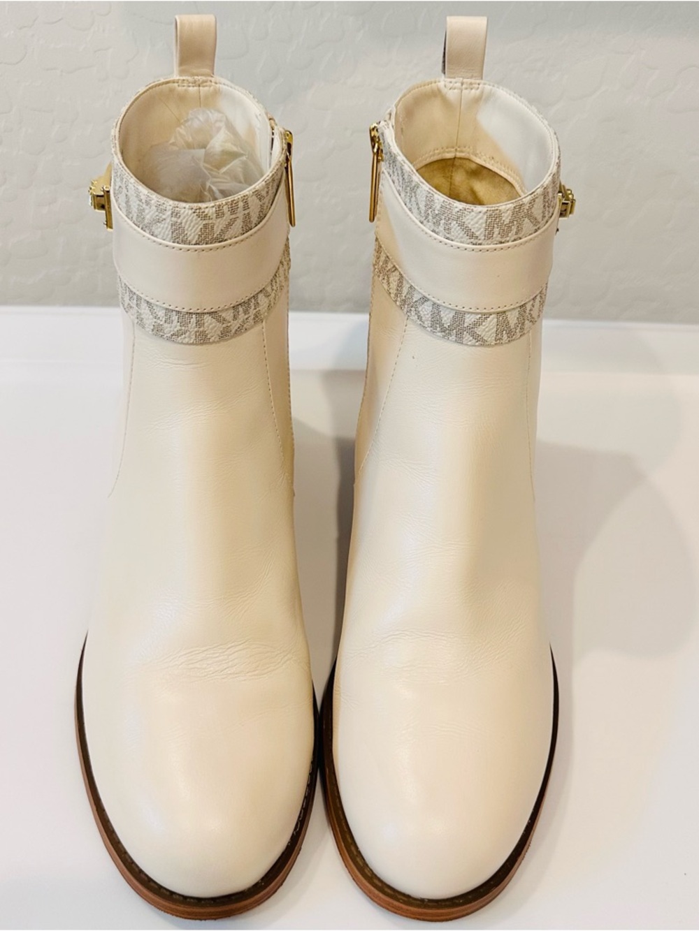 Michael Kors Padma Ankle Booties 9.5M Beige Logo-Trim Strap Women Leather Shoes - Picture 3 of 15